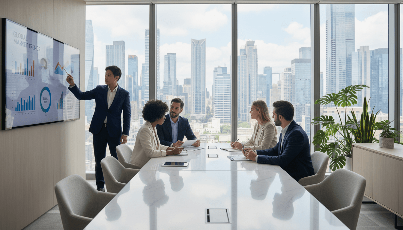 Reunião estratégica de consultoria com líderes empresariais em ambiente moderno