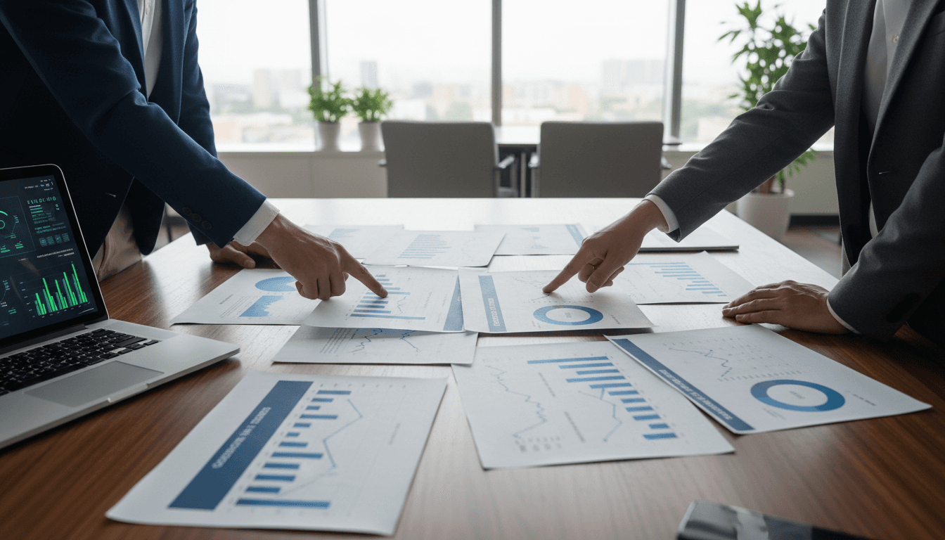 Reunião profissional de estratégia empresarial com análise de dados e gráficos de crescimento